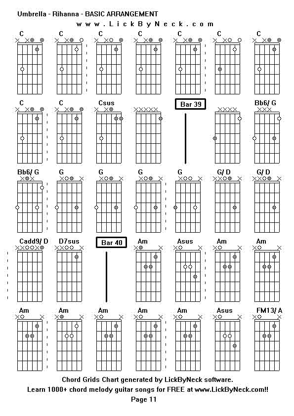 Chord Grids Chart of chord melody fingerstyle guitar song-Umbrella - Rihanna - BASIC ARRANGEMENT,generated by LickByNeck software.